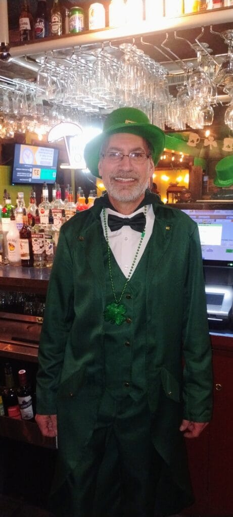 Patrick Hernandez dressed for St. Patricks Day party in 2026 at Caseys in Toledo
