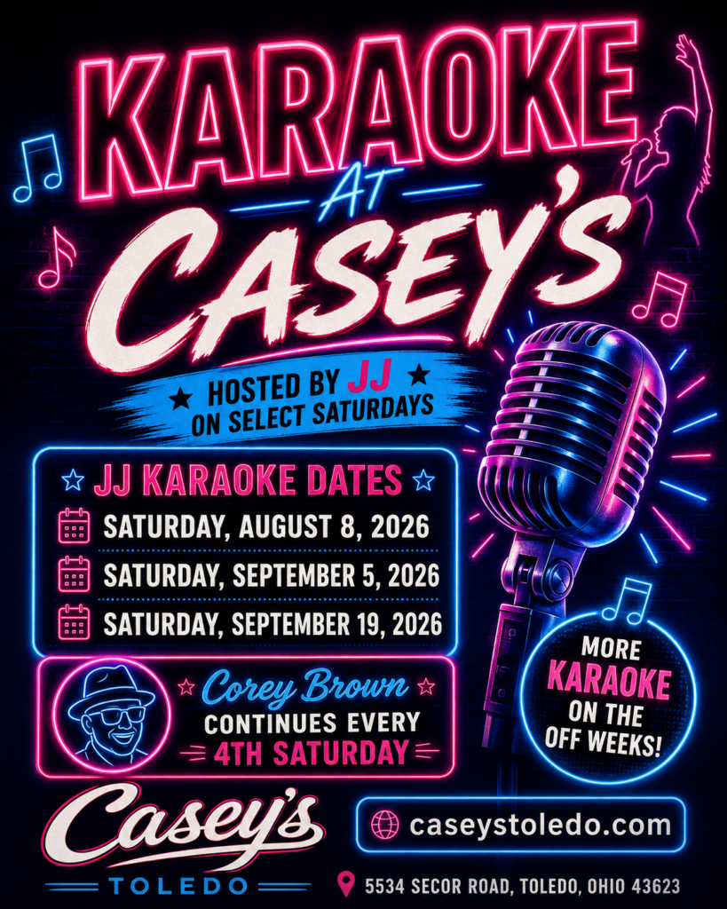DJ JJ karaoke dates at Casey’s Toledo in August and September 2026